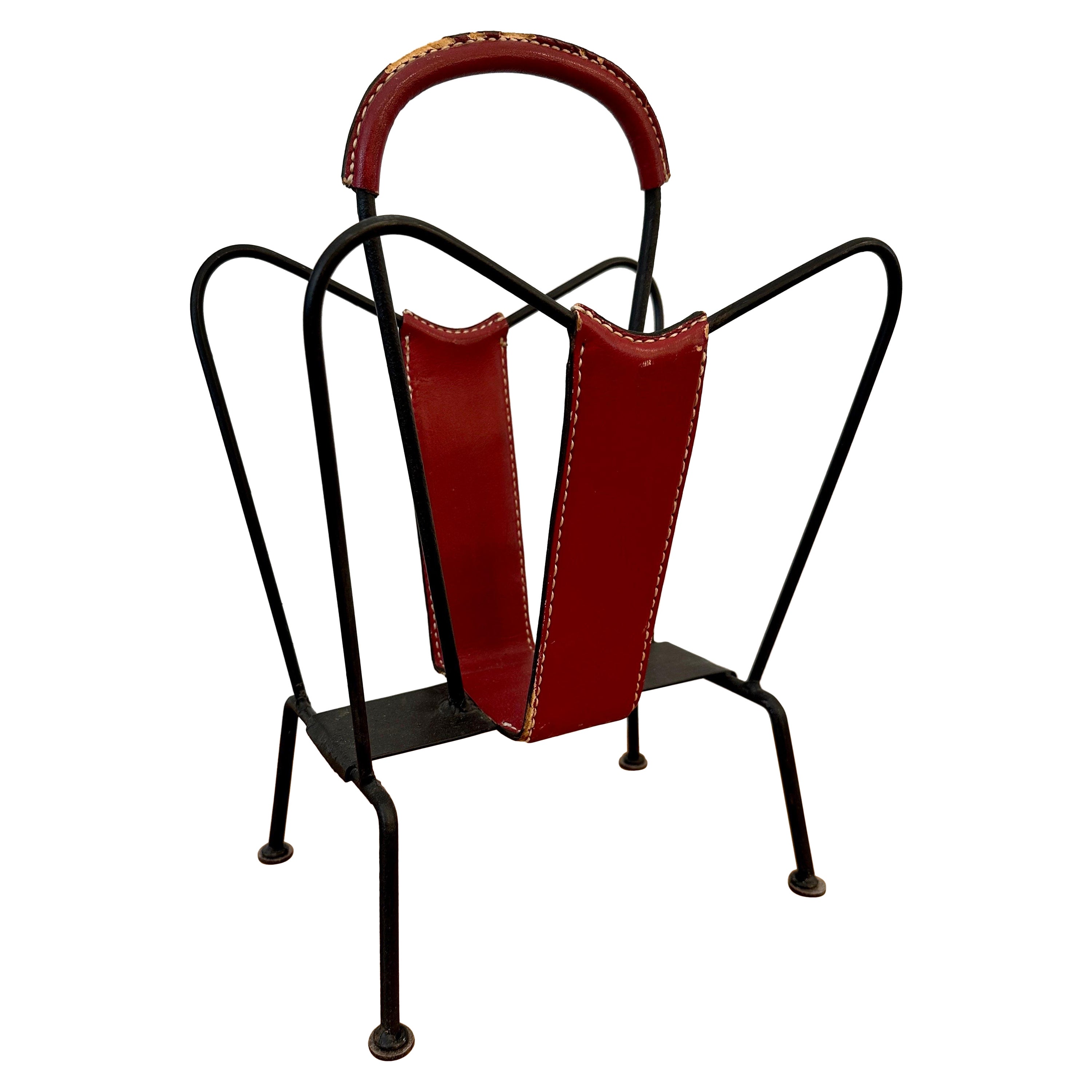 Vintage Jacques Adnet Red Stitched Leather Magazine Stand For Sale