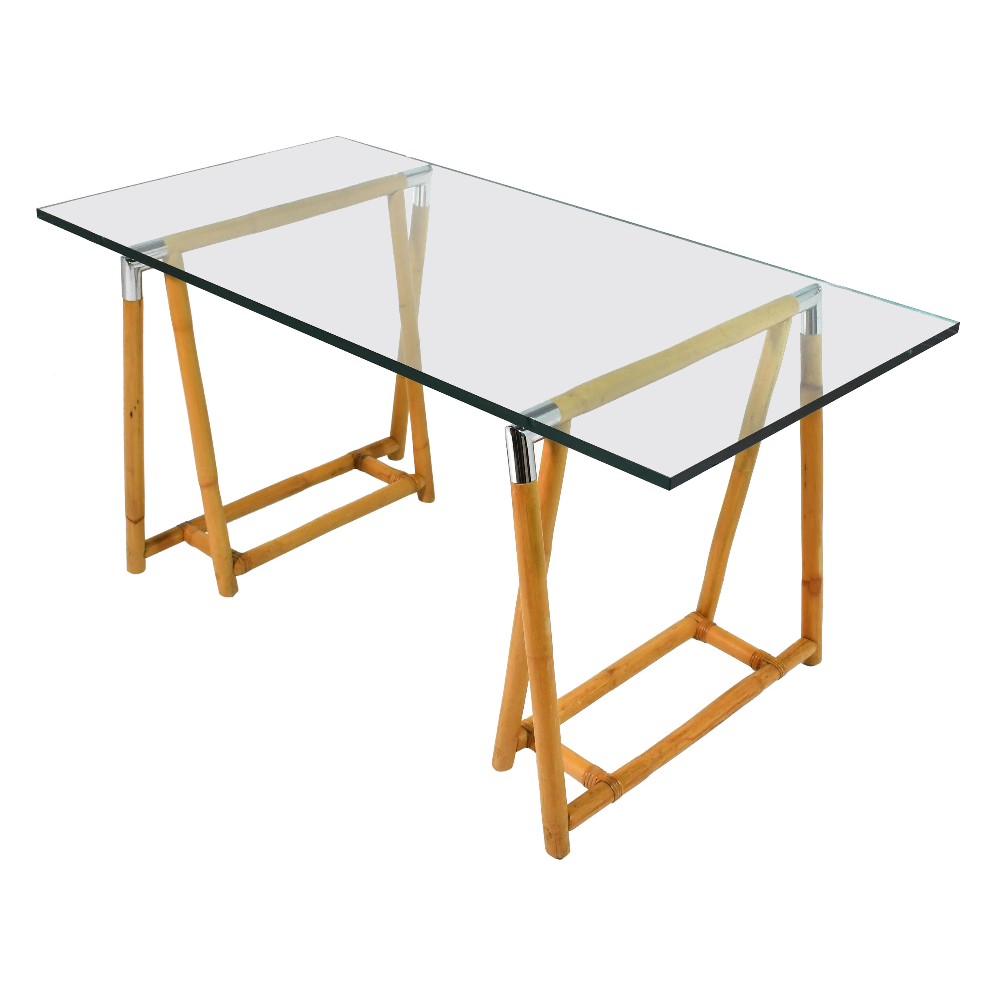 Rattan & Chrome Sawhorse Table / Desk Bases For Sale