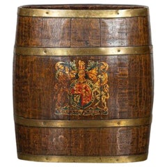 19thC English Oak Brass Coppered Barrel Stick Stand