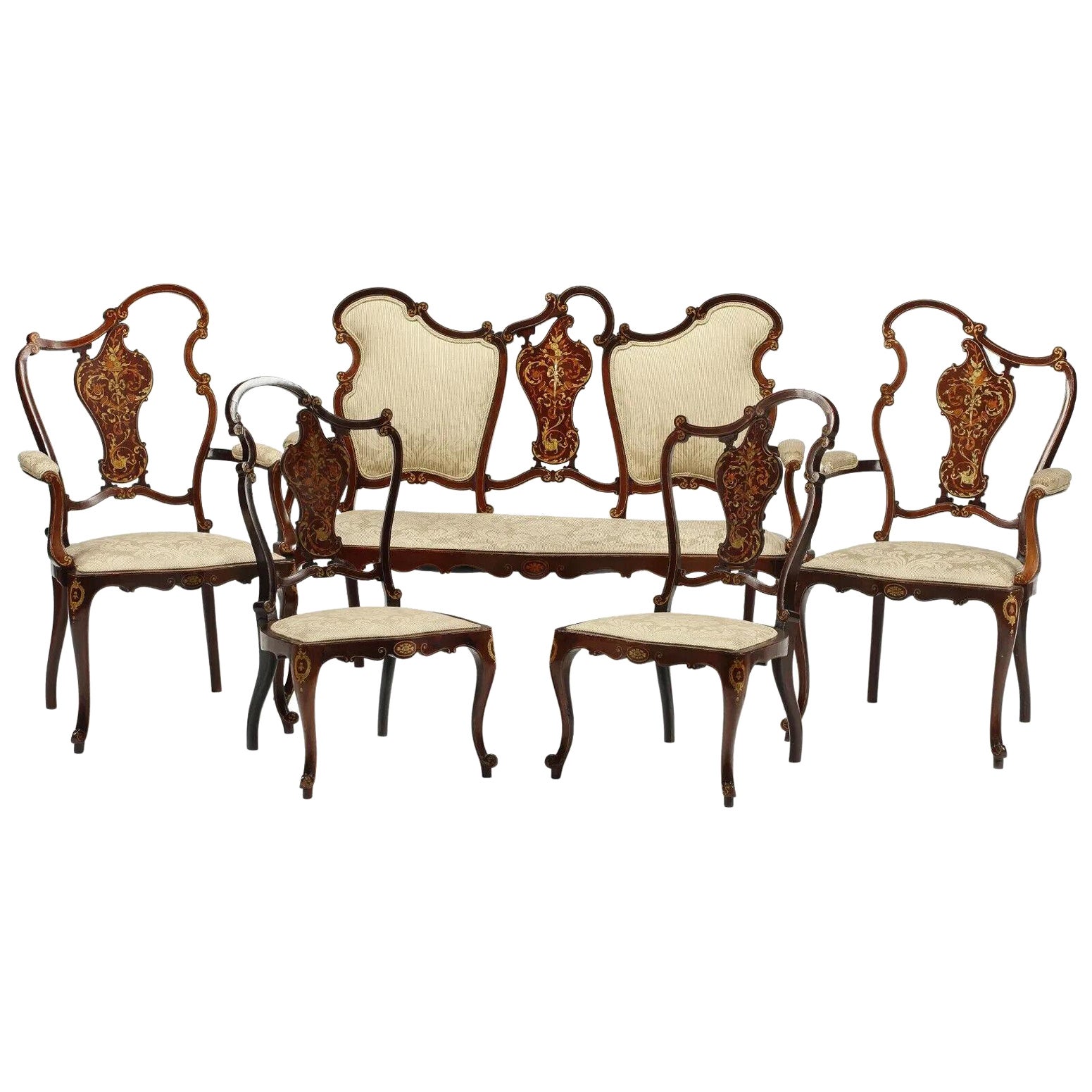 Antique Salon Set, Austrian, Inlaid, 5-Piece Set, Settee with 4 Chairs!!