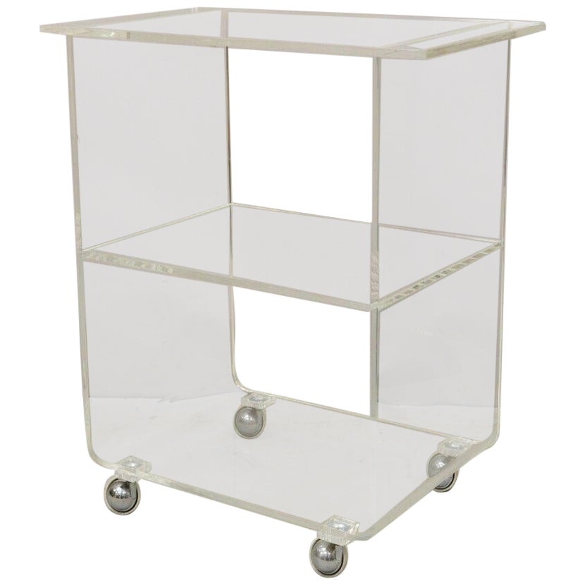 Vintage Clear Lucite Acrylic Mid Century Modern Rolling Bar Cart Side Table