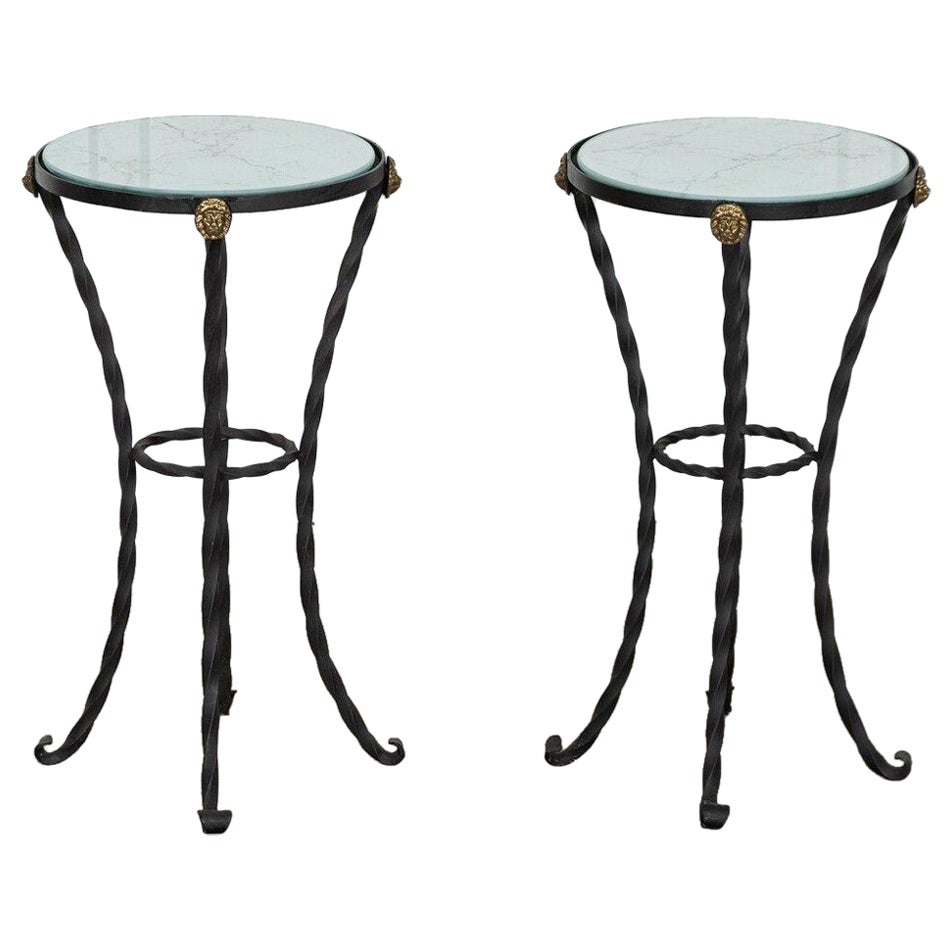 Pair English Wrought Iron Marbled Glass Tables For Sale