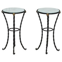 Vintage Pair English Wrought Iron Marbled Glass Tables