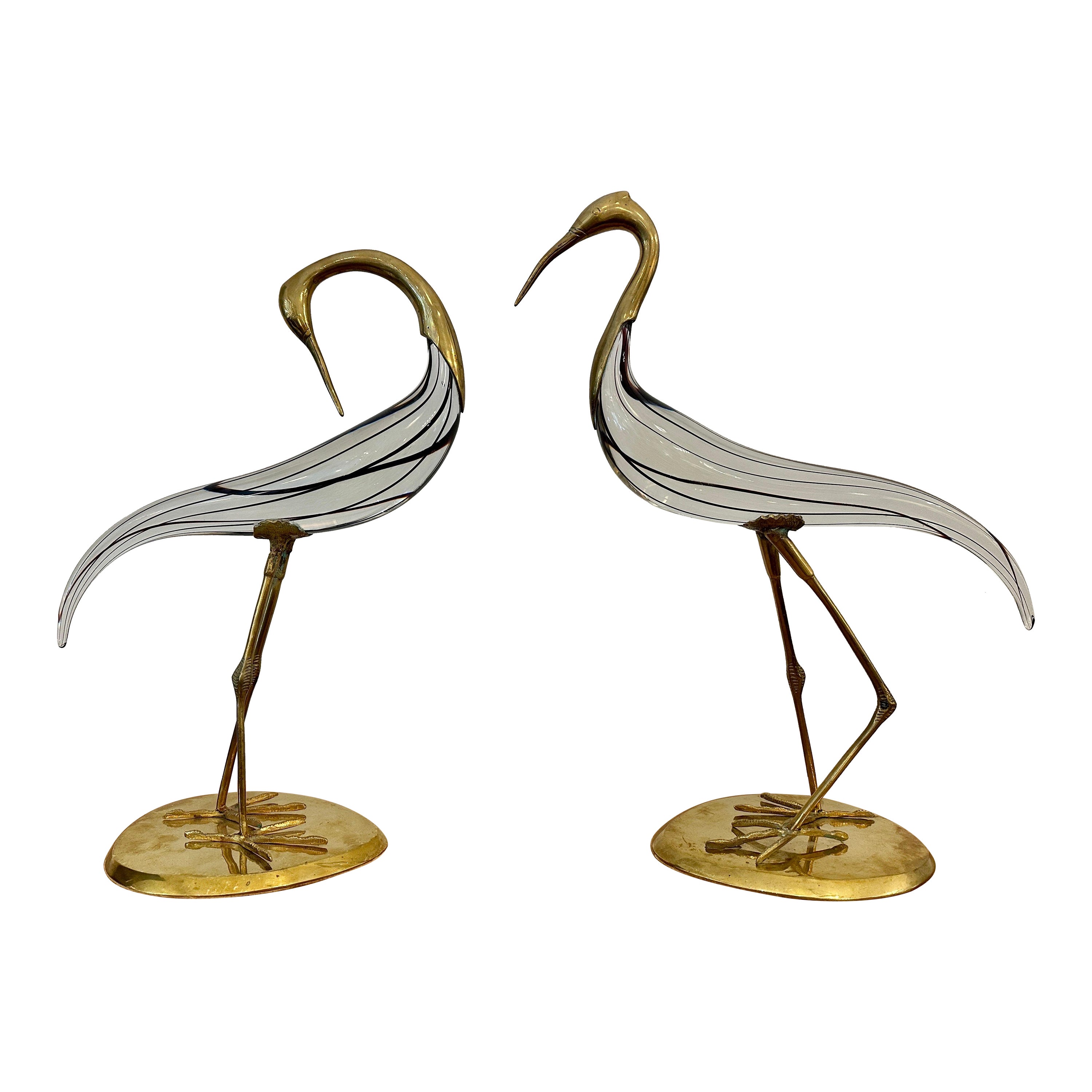 Vintage Italian Pair of Murano & Brass Egret Sculptures For Sale