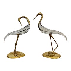 Vintage Italian Pair of Murano & Brass Egret Sculptures