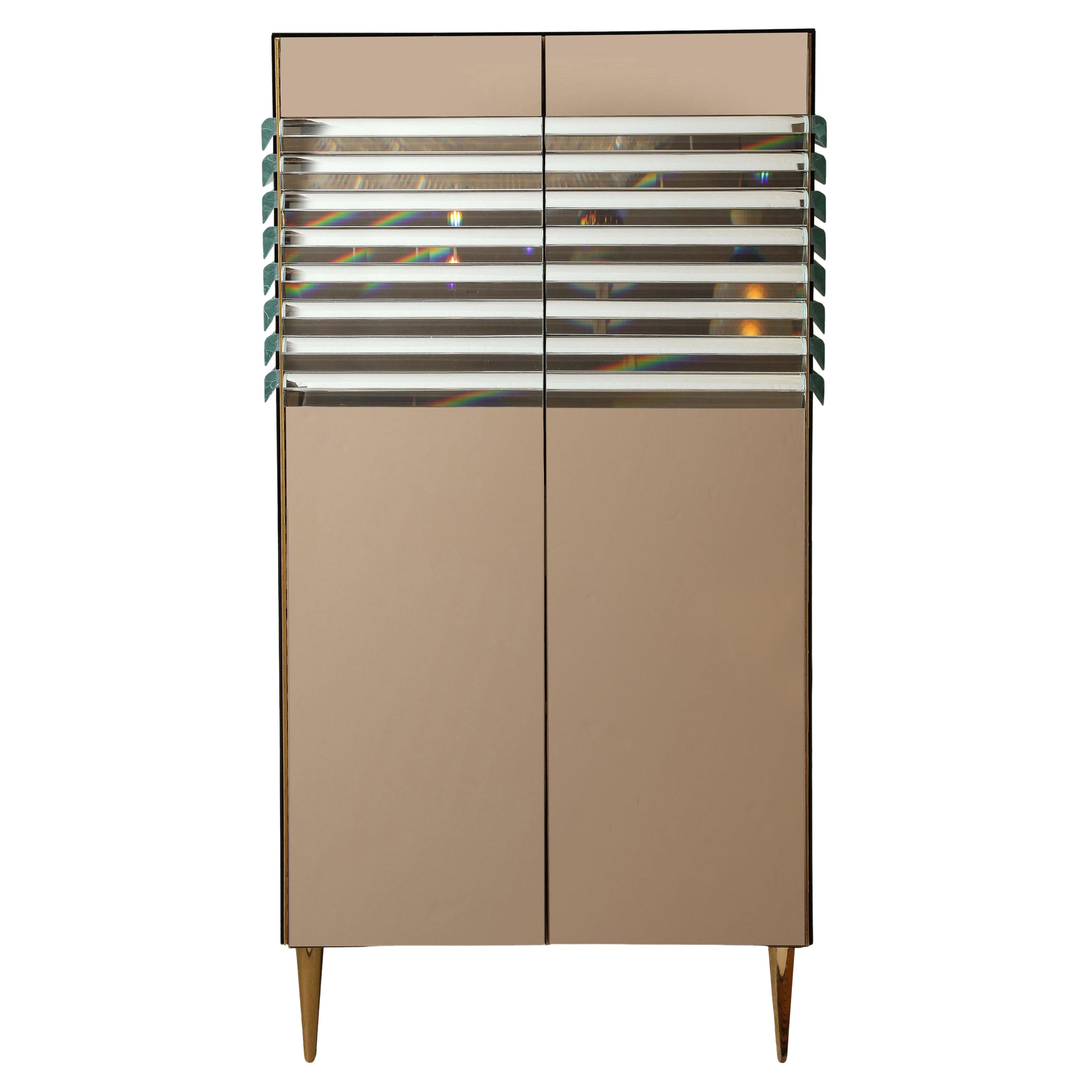 Crystal and Bronze Mirrored Tall Cabinet or Dry Bar with Brass Legs, Italy For Sale
