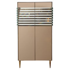 Crystal and Bronze Mirrored Tall Cabinet or Dry Bar with Brass Legs, Italy
