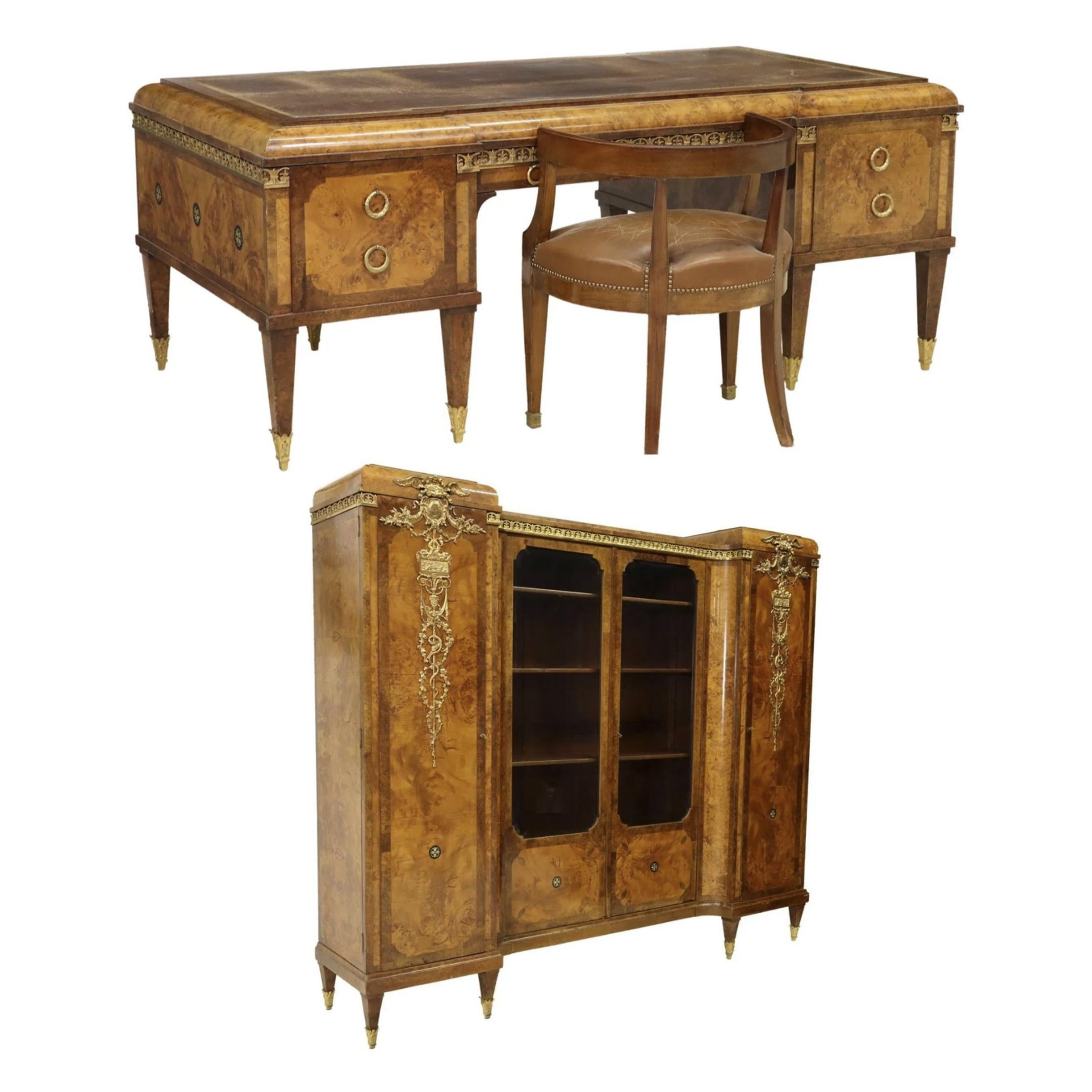 1800s Antique French Oromlu-Mounted, Burlwood, 3-Piece Set, Schreibtisch, Office Suite!!