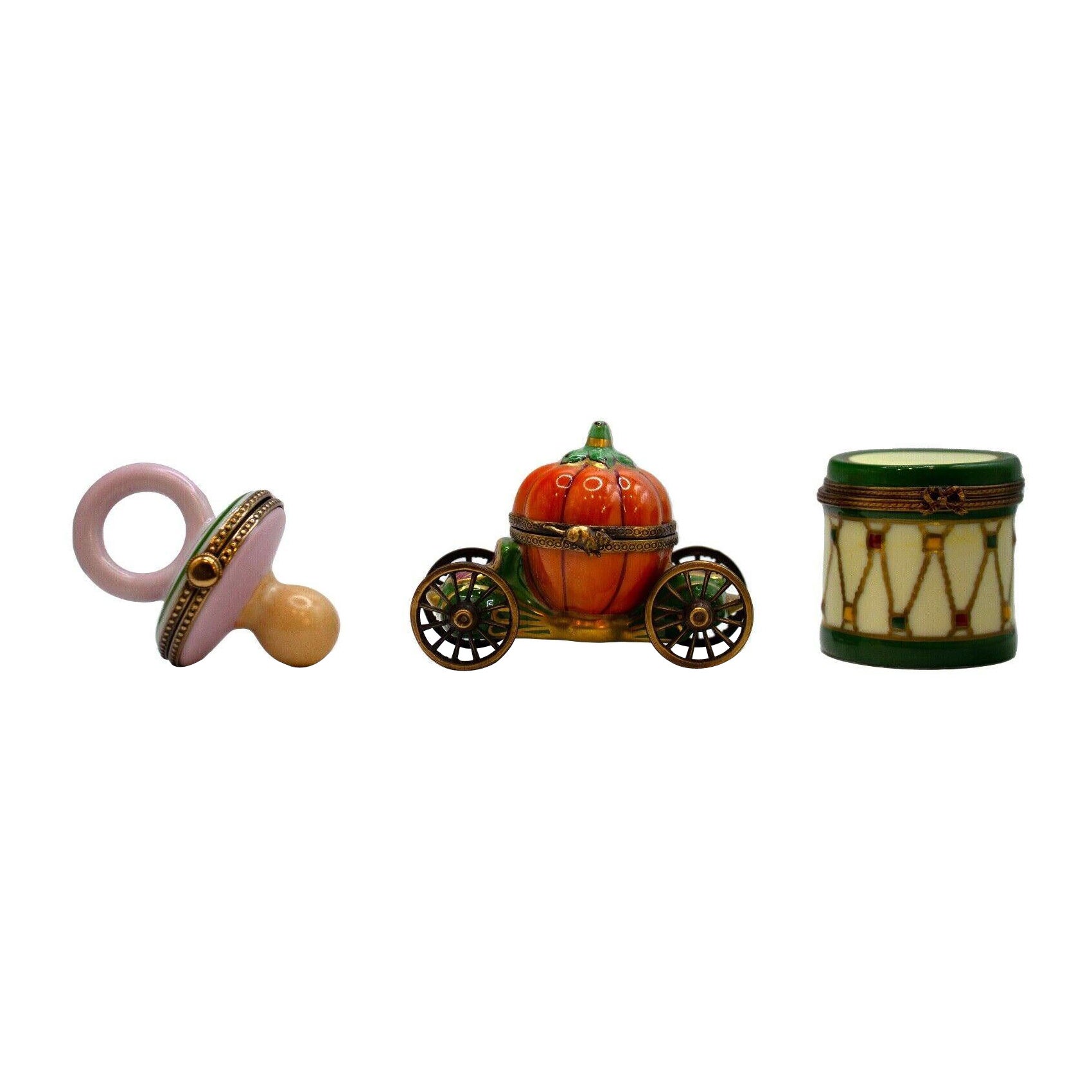 Limoges Pacifier Cinderella’s Pumpkin Carriage & Green Drum Set Mini Porcelin