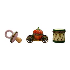 Vintage Limoges Pacifier Cinderella’s Pumpkin Carriage & Green Drum Set Mini Porcelin