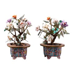 Used Chinese Hardstone Trees in Cloisonne Pots, Pair
