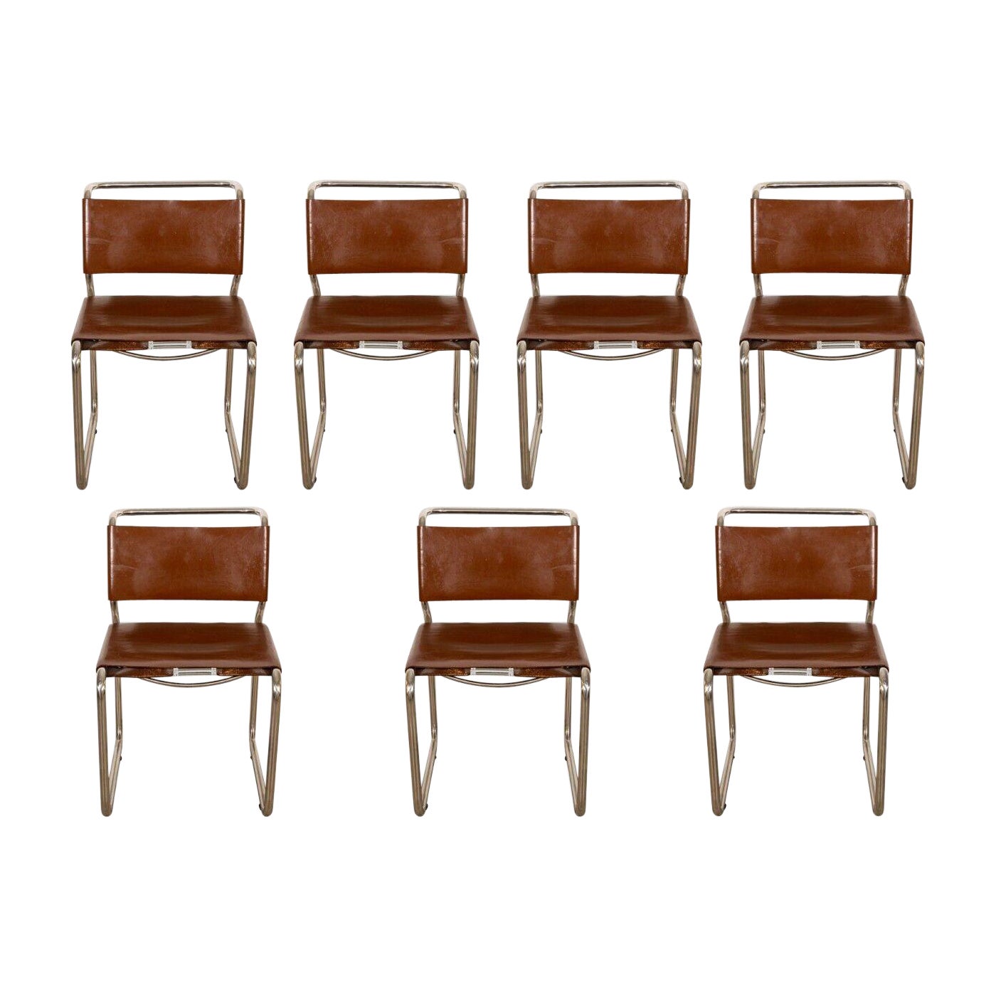 Set of 7 Nicos Zographos CH66 Chrome and Brown Leather Cantilever Dining Chairs
