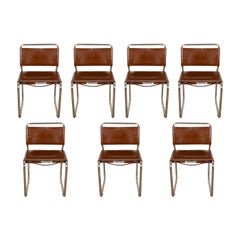 Set of 7 Nicos Zographos CH66 Chrome and Brown Leather Cantilever Dining Chairs