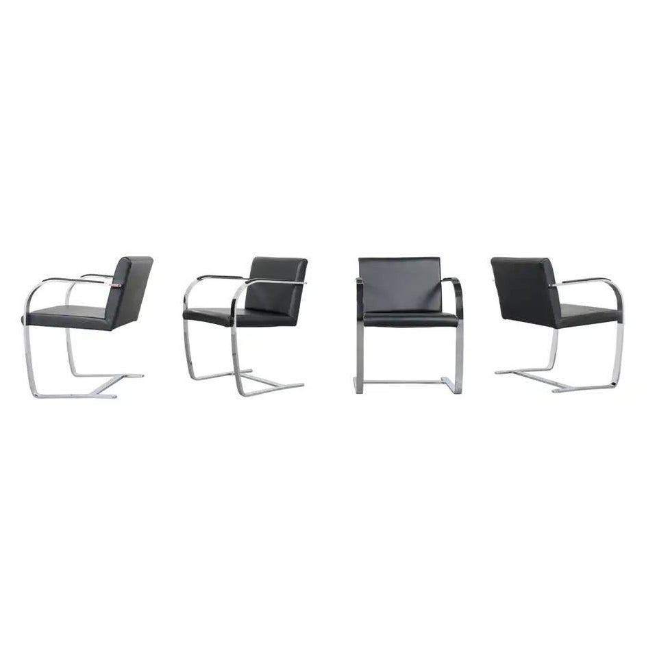 Vintage Set of Four Restored Mies Van Der Rohe Brno Armchairs in Black Leather For Sale