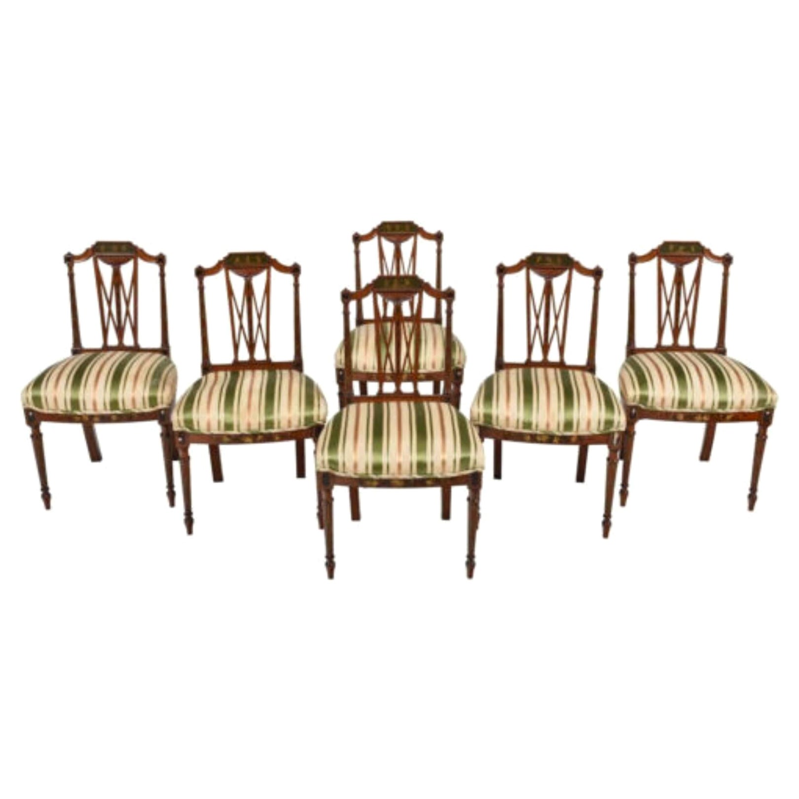 Early 1900s Antique Silk, Set of 6, Edwardian, Paint Decorated Dining Chairs!! For Sale