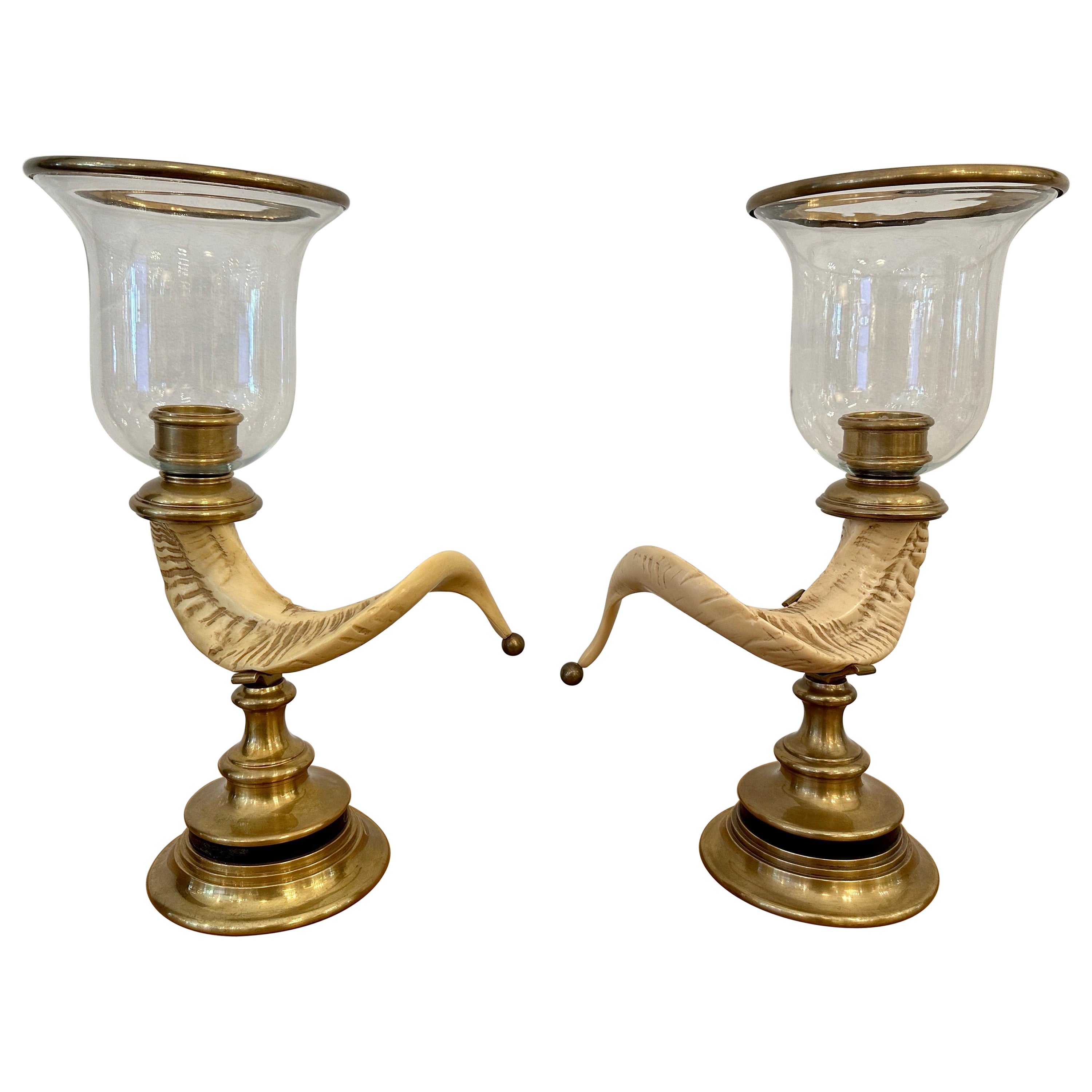 Large Vintage Chapman Hurricane Lanterns in Brass & Faux Rams Horn, PAIR