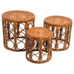 Mid-Century Rattan Bamboo Nesting Tables Tortoise Shell Scorched Brunt Finish
