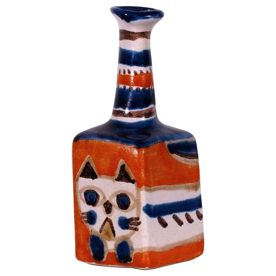 Desimonte Italy Signed Ceramic Cat Design Hand Painted Mid Century Modern Vase For Sale