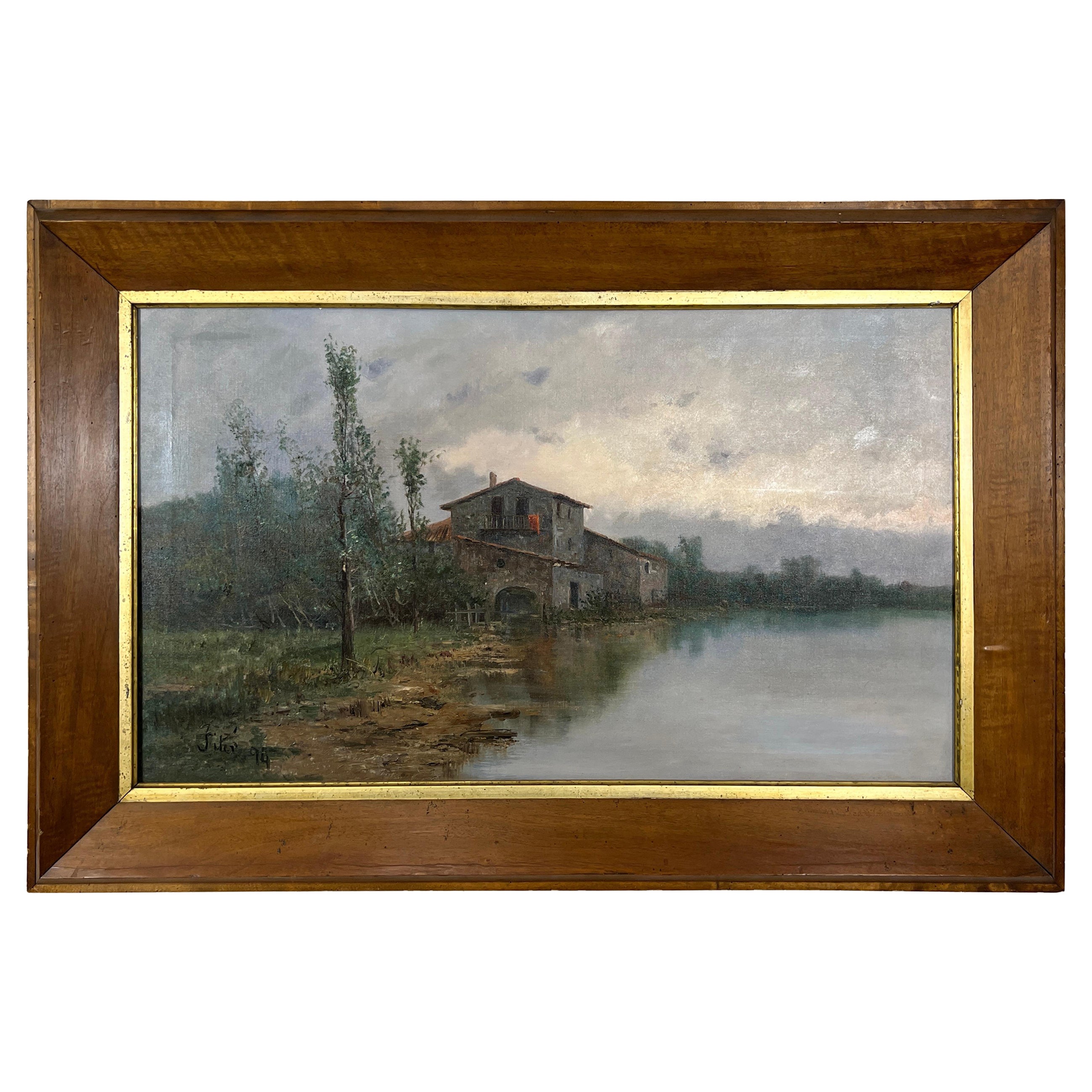 Peinture à l'huile sur toile d'une maison lacustre du 19e siècle en vente