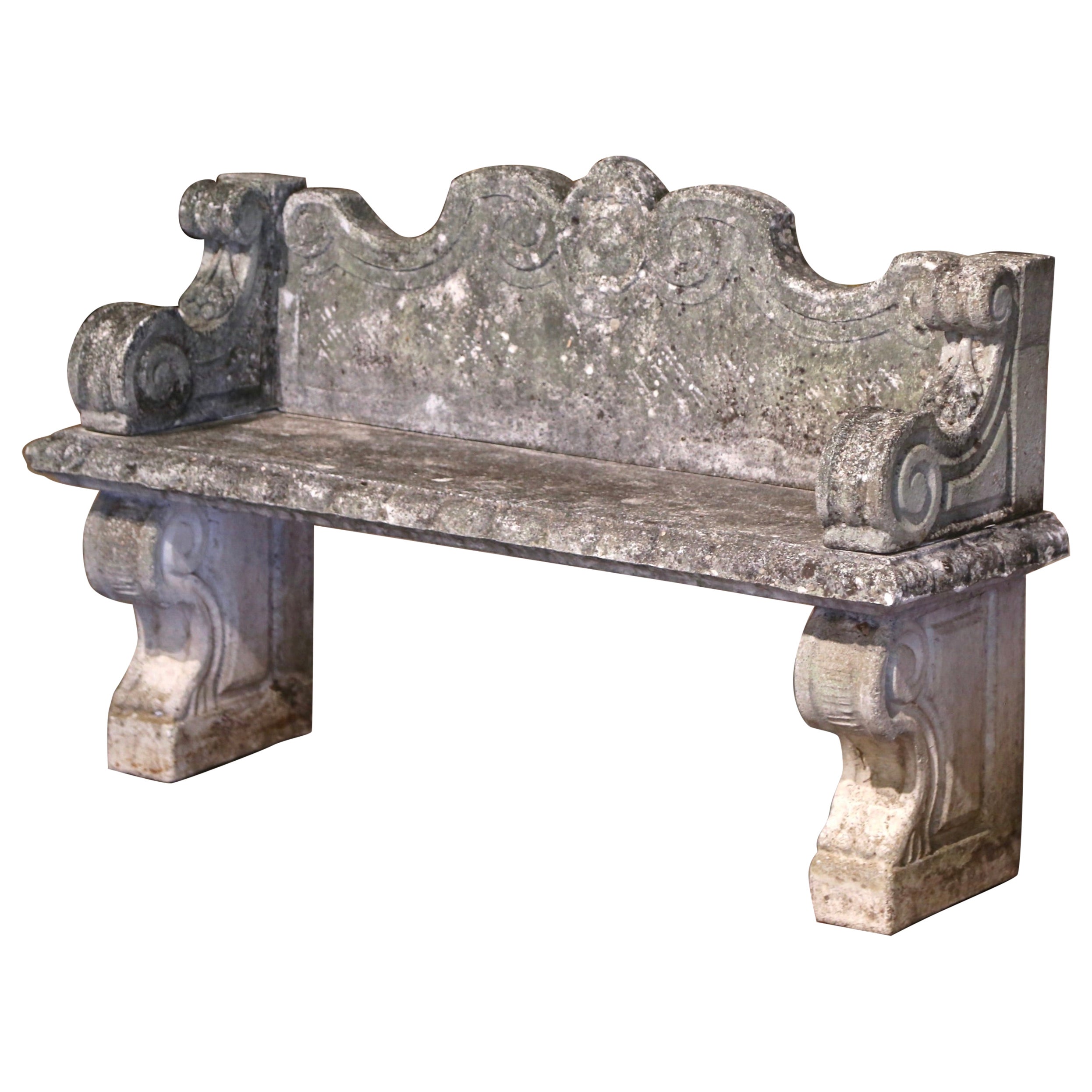 Mid-19th Century French Carved Weathered Stone Garden Bench from Normandy