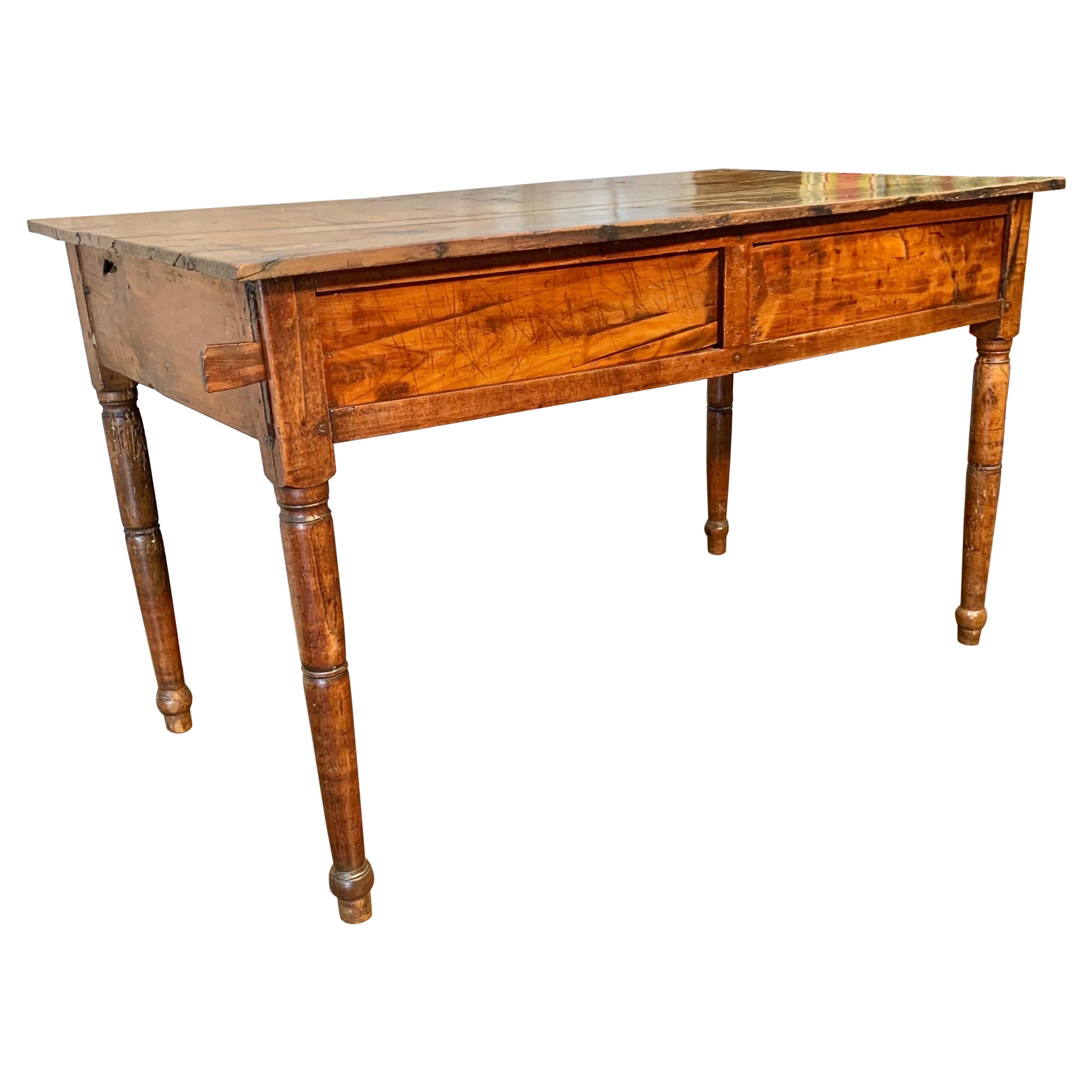 19th Century French Walnut Farm Table With Sliding Panels and Storage For Sale