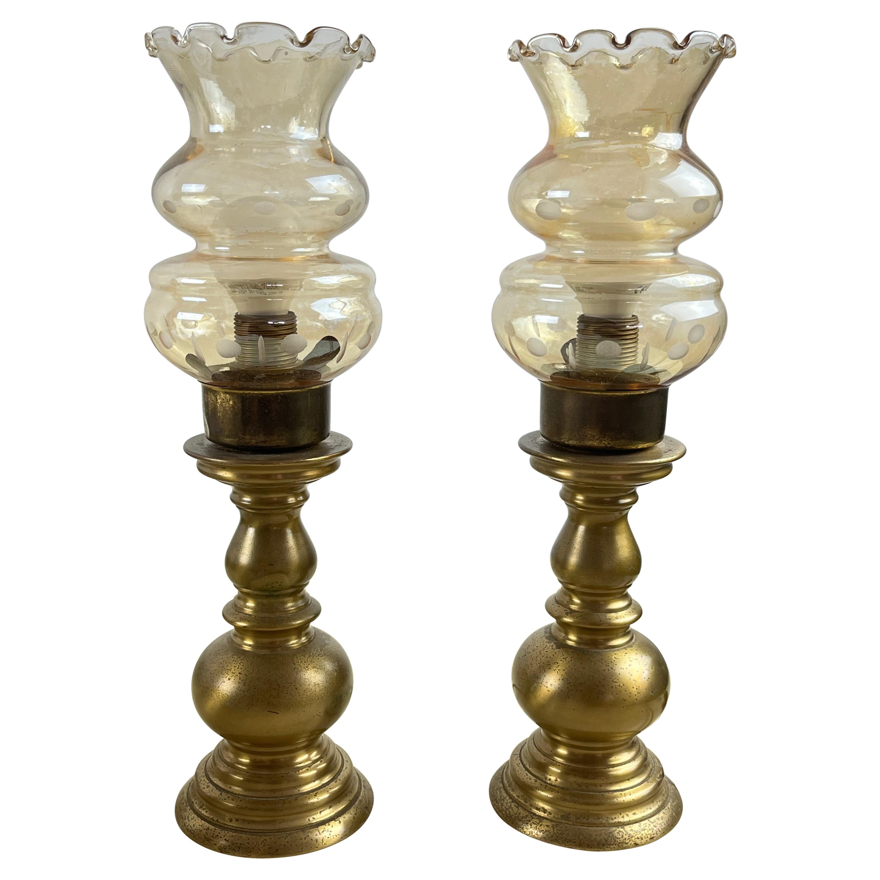  Pair of Bedside Table Lamps, Brass and Glass, Italy, 80s For Sale