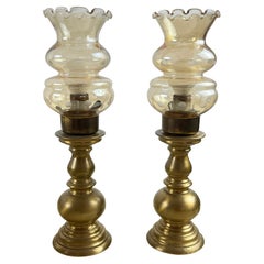  Pair of Italian Bedside Table Lamps in Brass and Glass 1980s