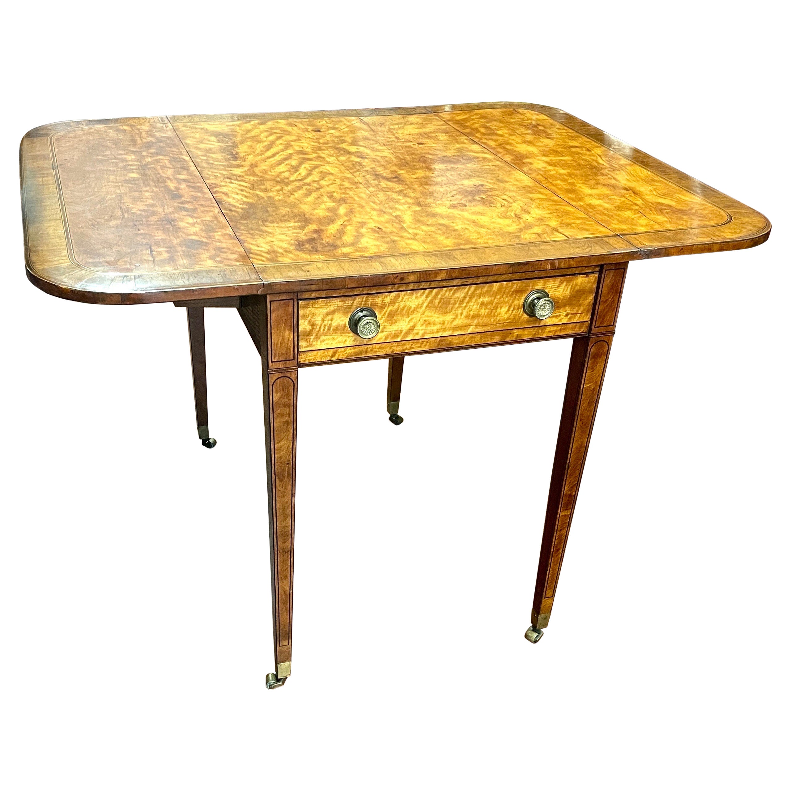 Rare Antique English Geo. III Regency Inlaid Satinwood Drop-Leaf Pembroke Table