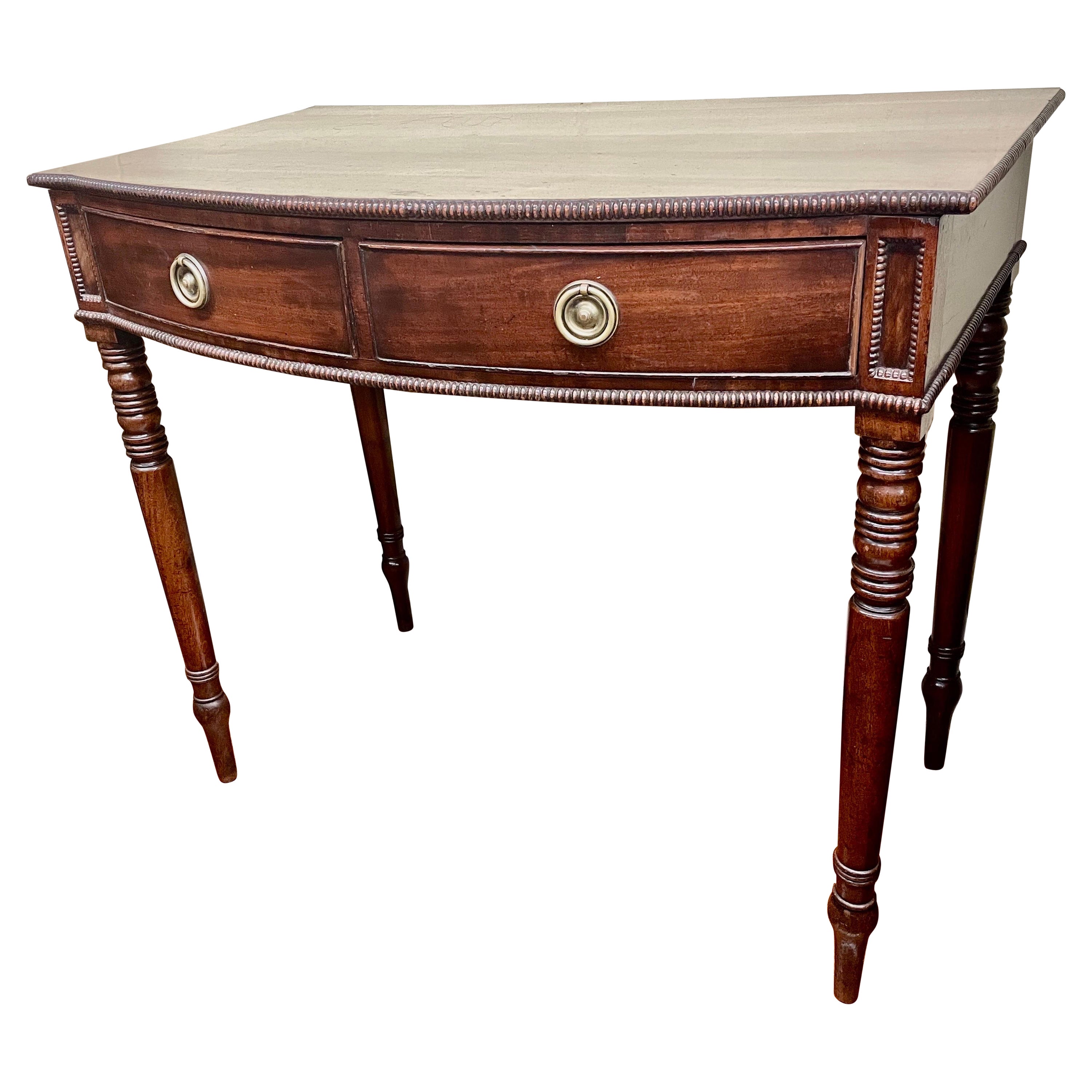 Fine Antique English Geo. III Figured Mahog. Sheraton Style 2-Drawer Side Table For Sale