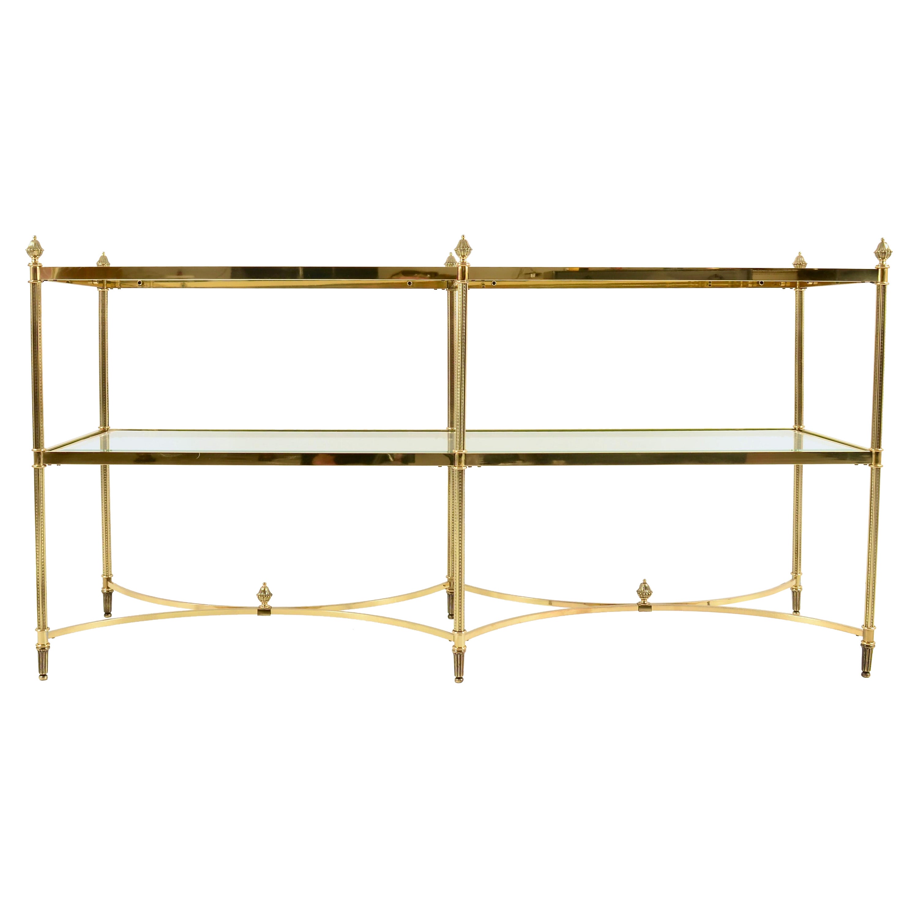 Neo-classical Form Sofa Table in Polished Brass w/ Beveled Glass Shelves For Sale