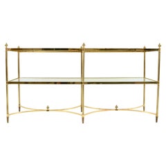 Neo-classical Form Sofa Table in Polished Brass w/ Beveled Glass Shelves