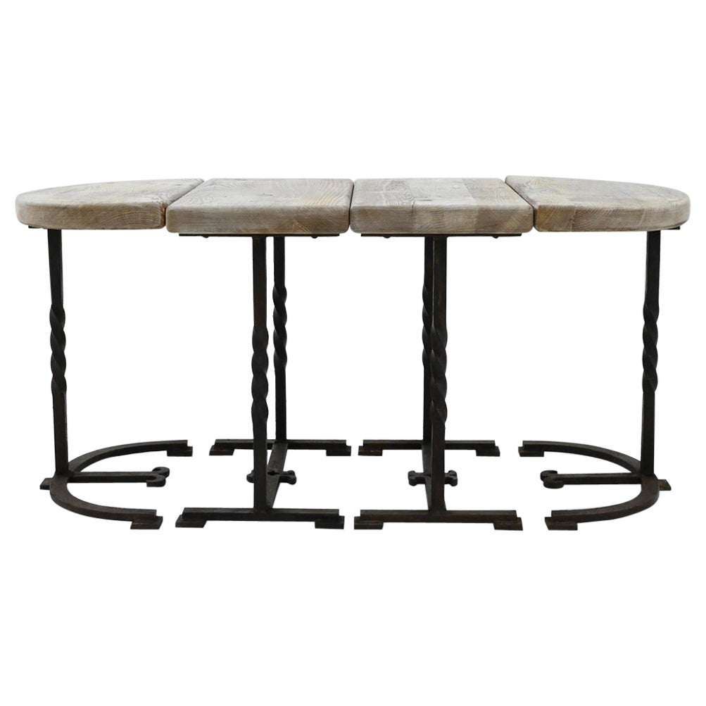 20th Century Belgian Wrought Iron and Oak Coffee Table, Set of Four 