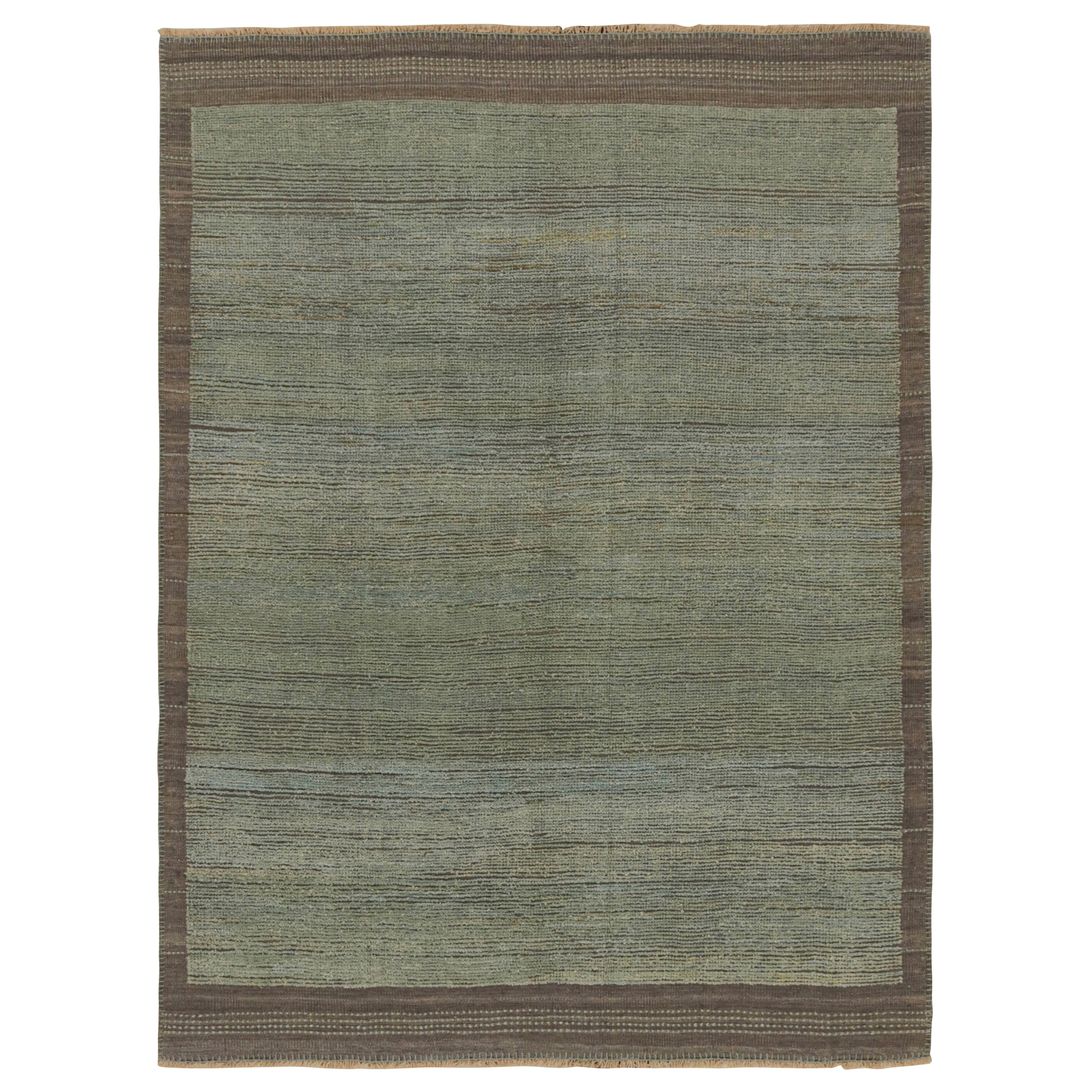 Rug & Kilim’s Modern Rug in Blue and Green Striae with Brown Border For Sale
