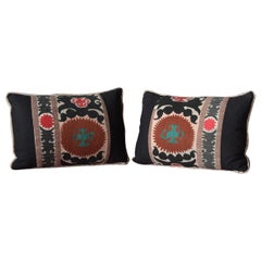 Antique Embroidered Nim Suzani Pillows with Black Linen