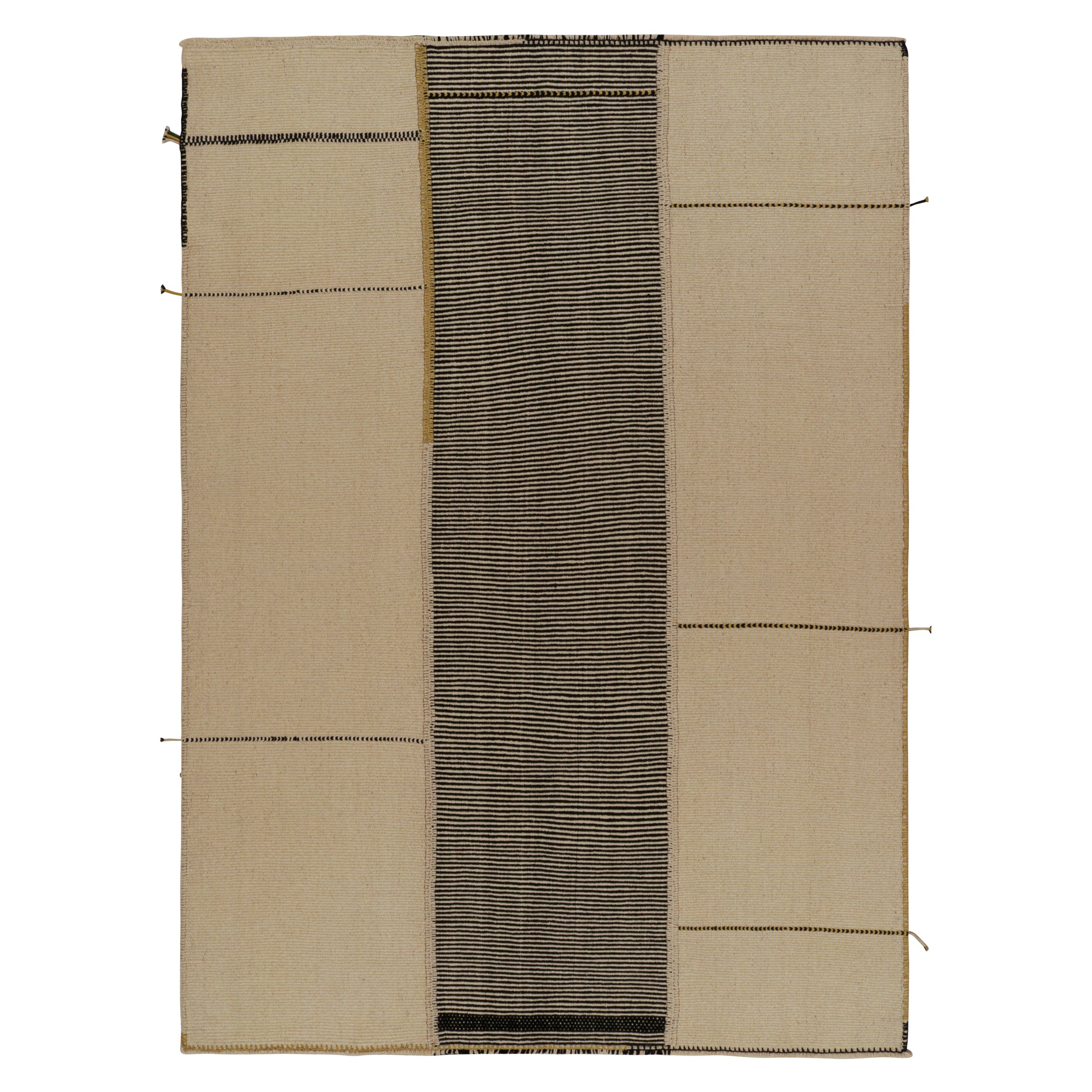 Rug & Kilim’s Modern Kilim Rug in Beige, Black & Gold Textural Stripes  For Sale