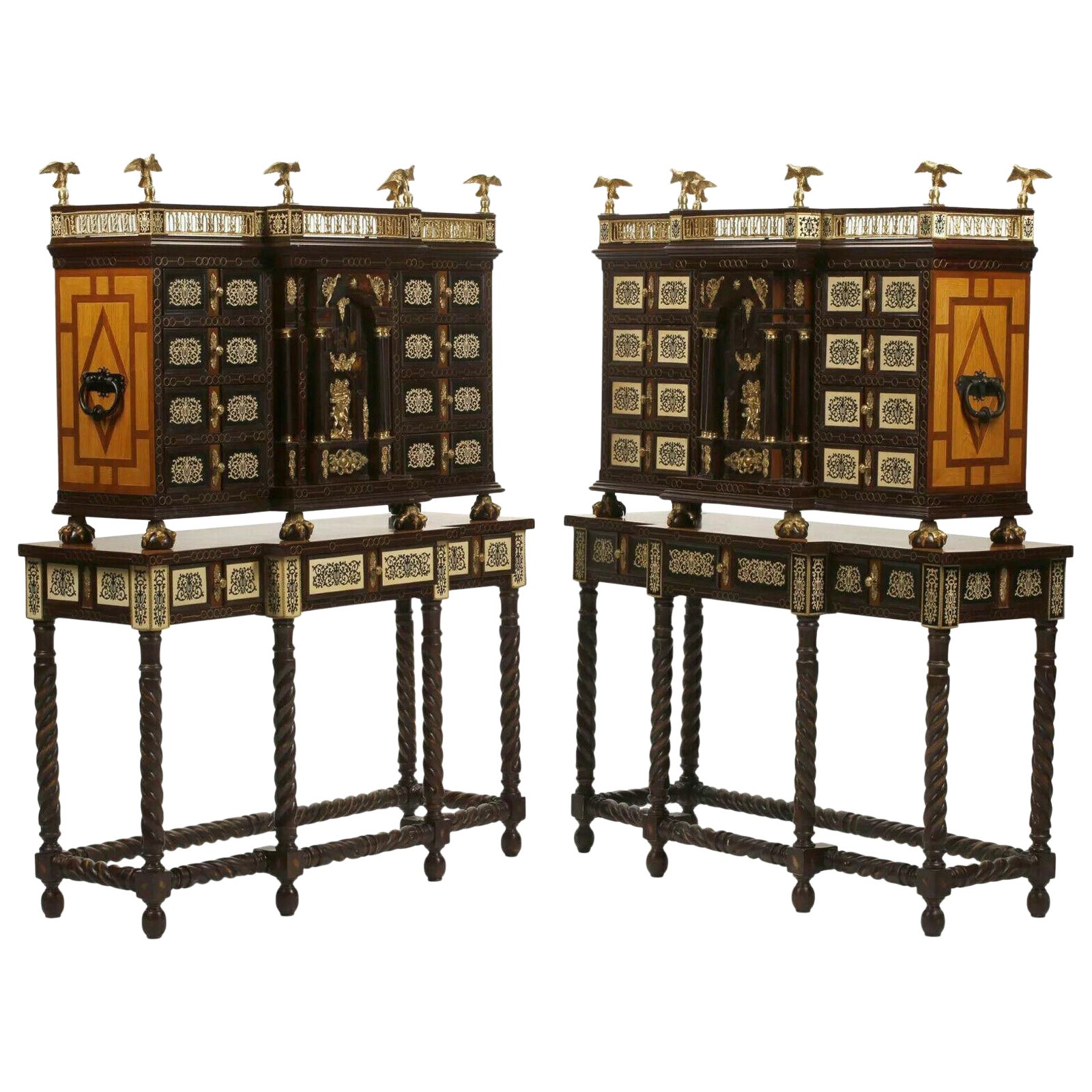 Spanish Renaissance Style, Set of Two on Stands, Inlaid Vargueno Cabinets For Sale