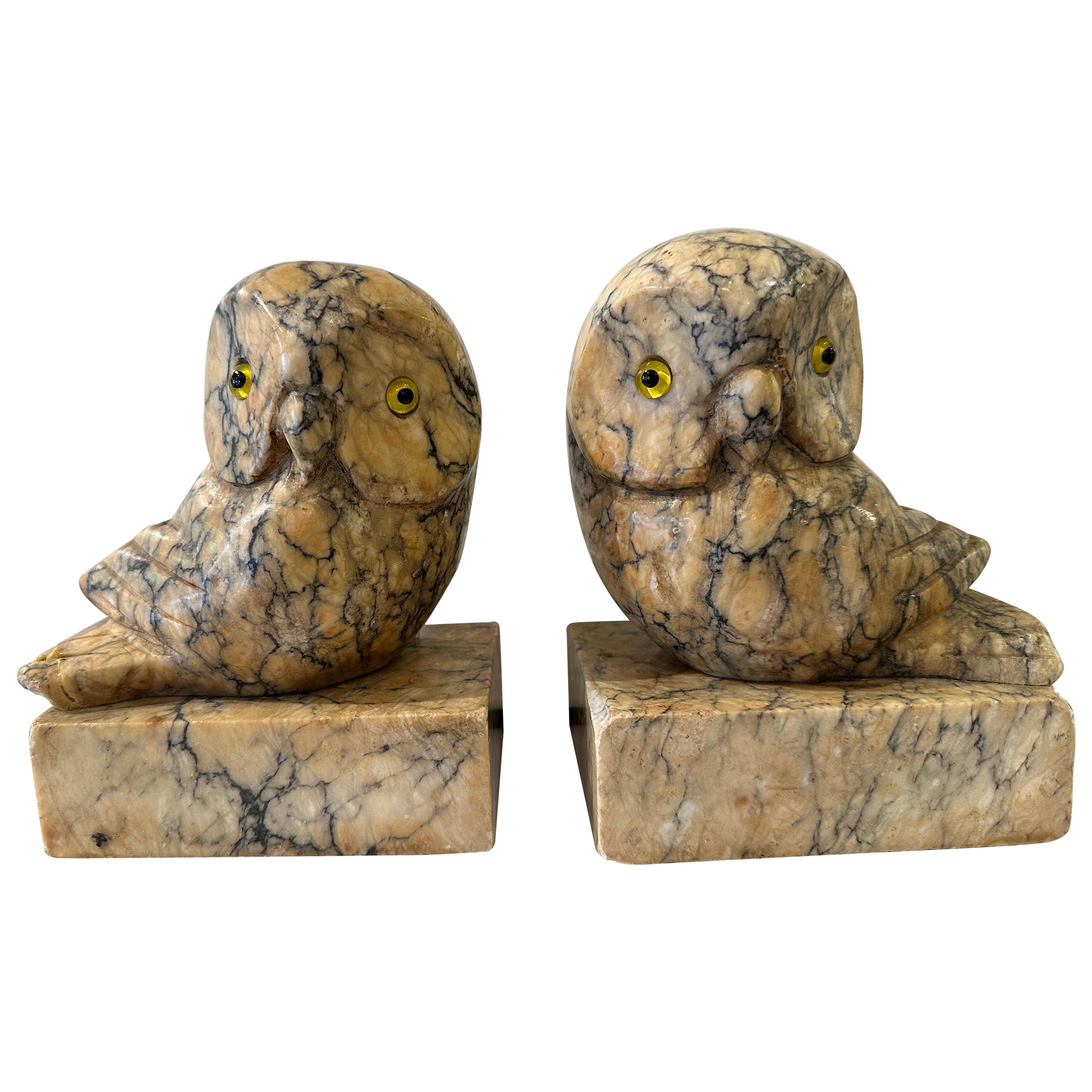 Antique Alabaster Owl Bookends For Sale