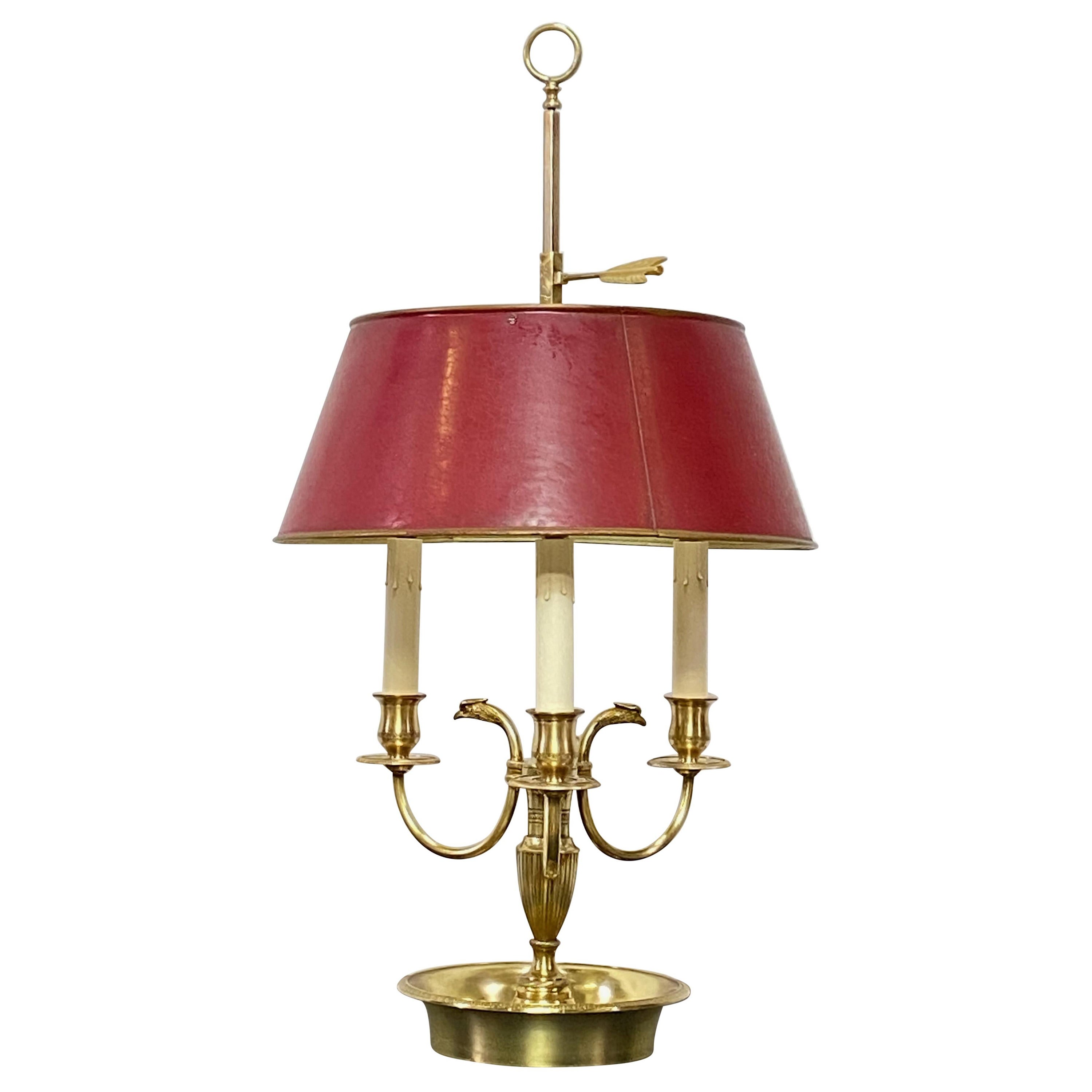 Brass Bouillotte Table Lamp with Red Tole Painted Shade For Sale