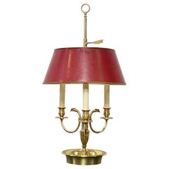 Antique Brass Bouillotte Table Lamp with Red Tole Painted Shade