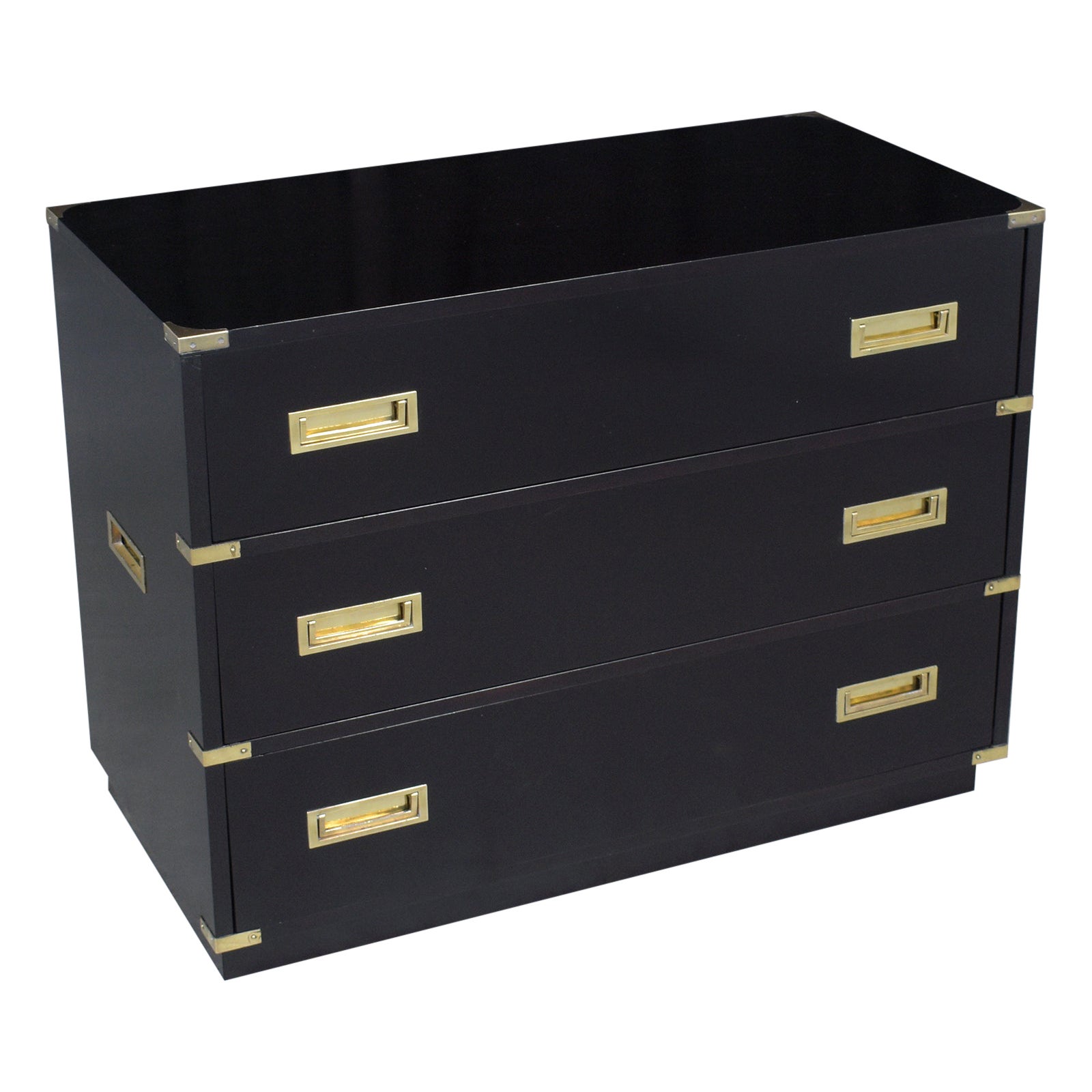 Restored Midcentury Mahogany Campaign Chest with Brass Accents and Black Lacquer