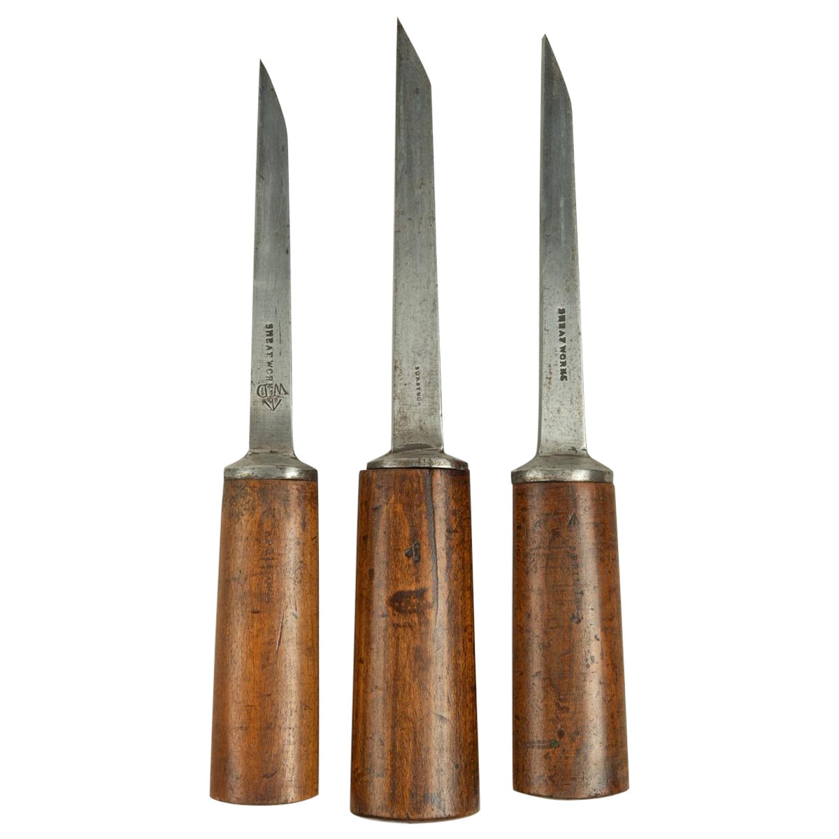 Three mortice chisels, all with sturdy ash handles by Sorby & Co For Sale