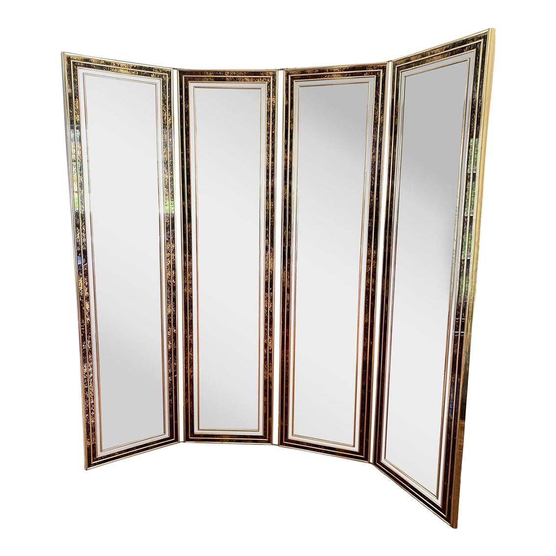 Hollywood Regency Style Adjustable Four Panel Floor Mirror Room Divider For Sale