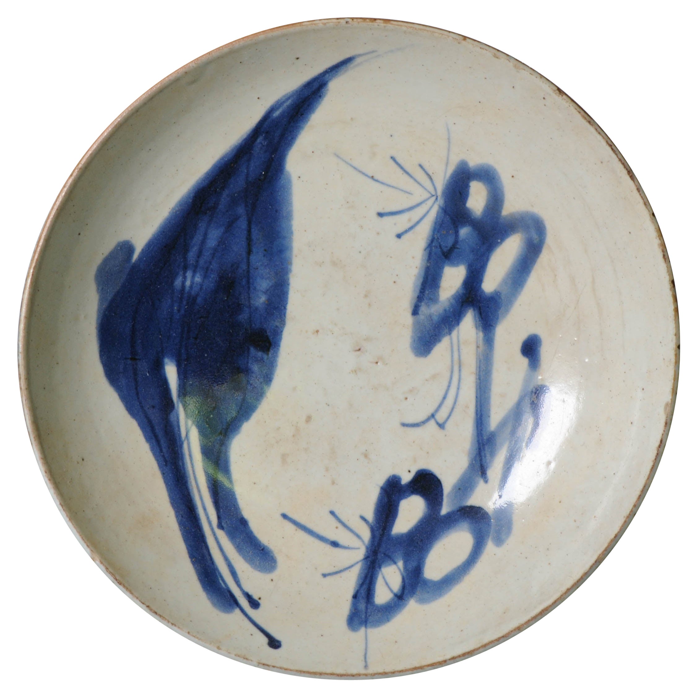 Unusual Antique Chinese Ming Dynasty Dish China Porcelain Blue White Leaf, 17thC For Sale