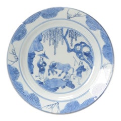 Antique Rare Kangxi Period Chinese Porcelain Plate with Ox and Figure Landscape