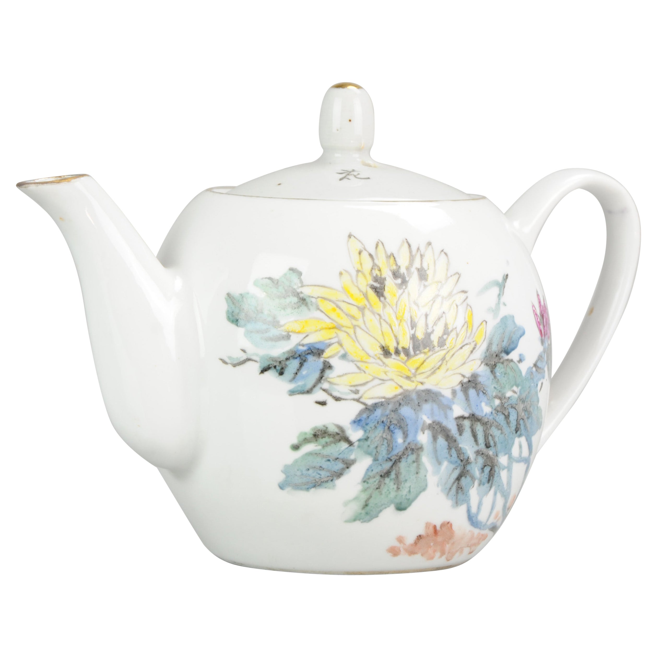 Porcelain Art Fencai Teapot with Flowers & Poem Porcelain Chinese, 1980/1990