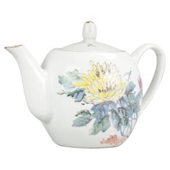 Vintage Porcelain Art Fencai Teapot with Flowers & Poem Porcelain Chinese, 1980/1990