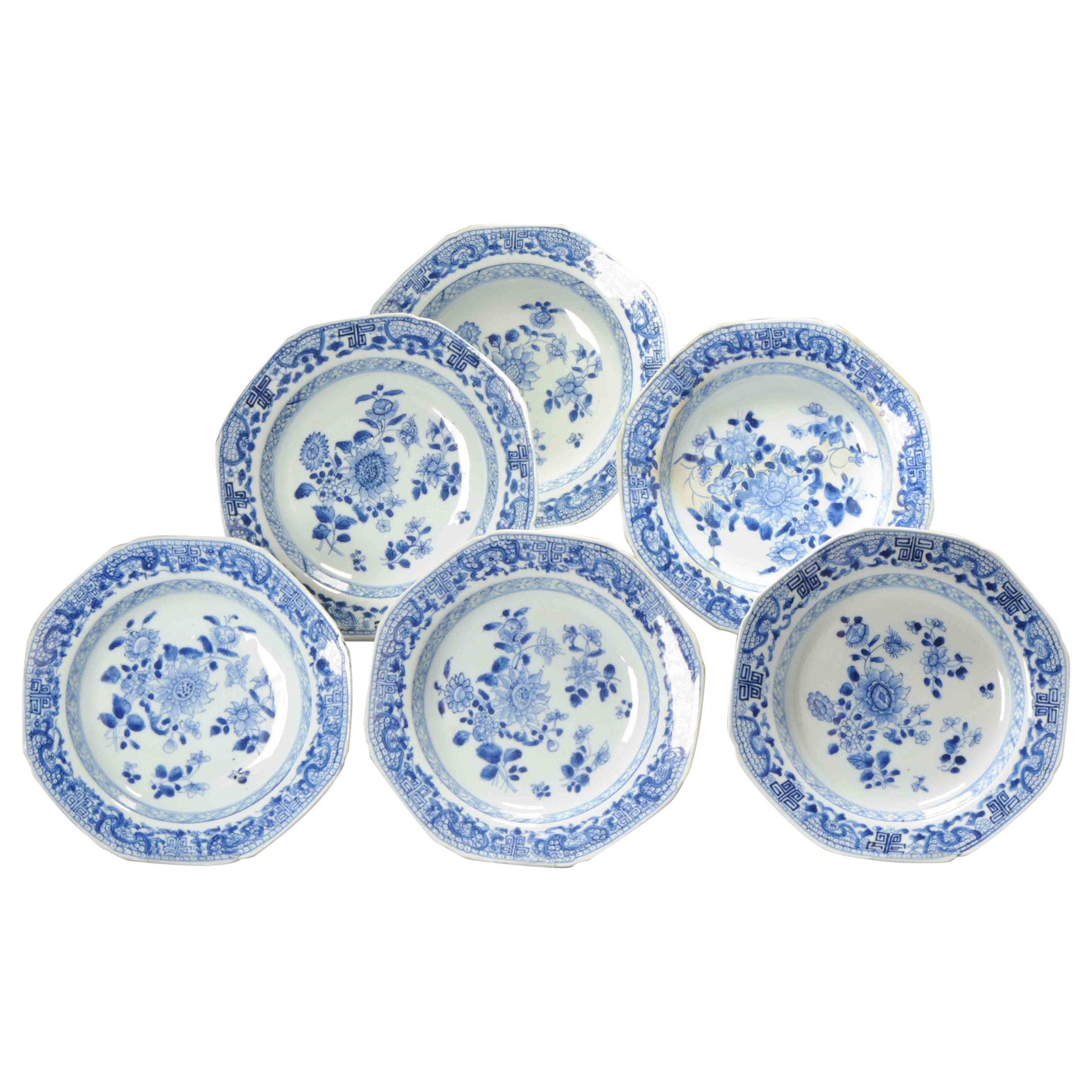 Juego 6 Platos Antiguos de Porcelana China Yongzheng/Qianlong Azul Blanco