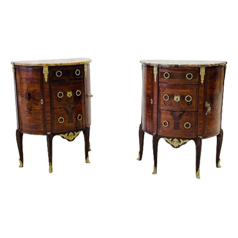 Pair Louis XV Demilune Side Tables, Nightstands, Commodes, Marble, Bronze Mounts For Sale
