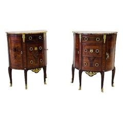 Vintage Pair Louis XV Demilune Side Tables, Nightstands, Commodes, Marble, Bronze Mounts