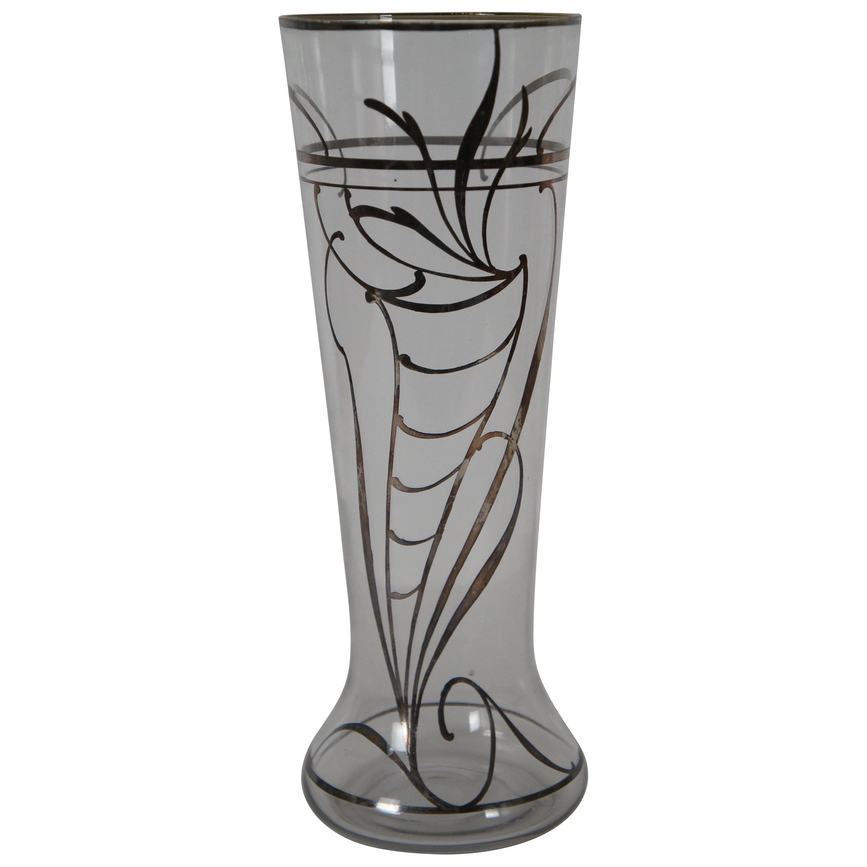 Antique Art Nouveau Clear Glass Sterling Silver Overlay Flared Beer Mug Vase 9"